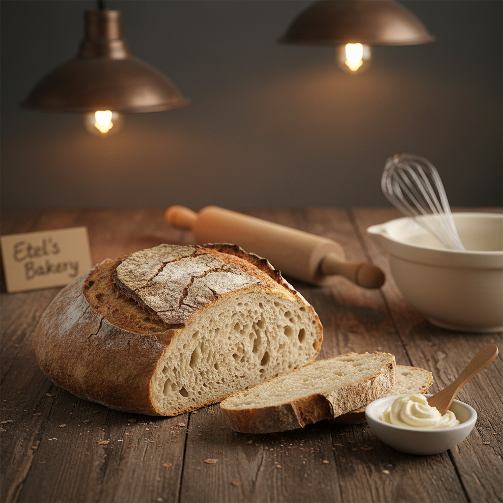 A richly textured loaf of sourdough bread with a golden, flour-dusted crust and irregular scoring sits partially sliced beside a small dish of whipped butter on a time-worn wooden countertop. Behind the bread, a collection of classic bakery tools—rolling pin, dough whisk, and ceramic mixing bowl—adds a sense of history and tradition. Overhead warm pendant lighting shines directly on the loaf, illuminating its rugged crust and casting subtle shadows. The atmosphere is one of comfort, honest craftsmanship, and time-honored baking. The camera is positioned at eye-level for an intimate perspective, using balanced composition and sharp focus throughout. The artistic style is clean but rustic, reflecting the heartfelt memories cultivated at Etel's Bakery.