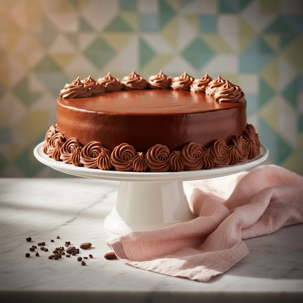An elegant chocolate cake with silky smooth ganache and precise piped rosettes rests on a matte white porcelain cake stand atop a marble-topped table. Surrounding the cake are scattered cocoa nibs and a softly folded pastel napkin, giving an air of delicate preparation. The scene is set against a blurred background of pastel-tiled bakery walls, with gentle early afternoon sunlight filtering in, creating a soft, diffused glow. The mood is celebratory and refined, speaking to special moments shared over exquisite desserts. Captured from a three-quarter angle, the cake dominates the frame with a subtle vignette, bringing attention to its glossy finish and intricate details. The image style is sophisticated, timeless, and crafted to evoke the joys of bakery-made celebrations.